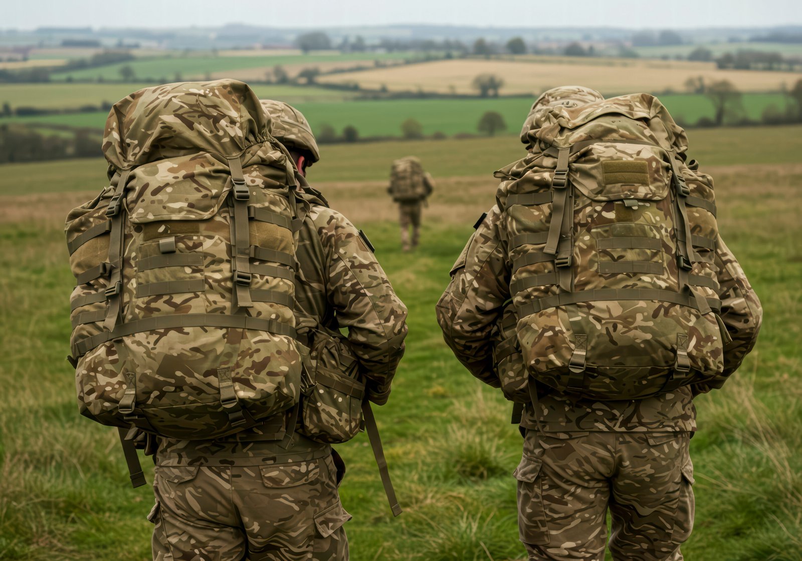 British army soldiers, male and female, tabbing through the Wiltshire countryside with 25kg bergens, demonstrating strength and discipline.