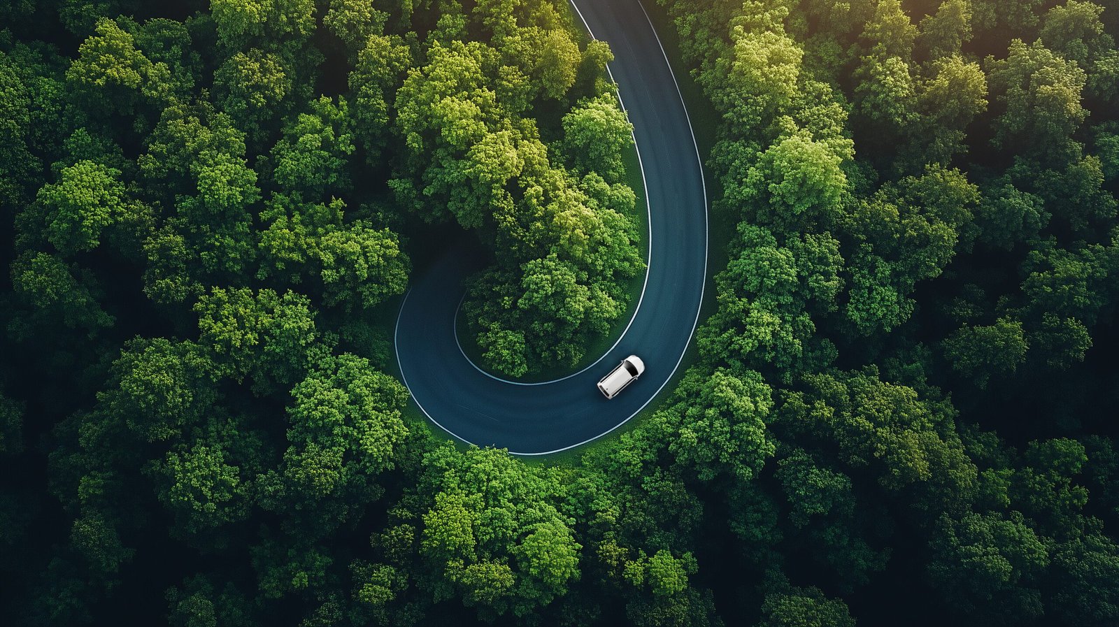 Aerial top view of a car driving through a winding forest road,  Winding road through the forest. Car drive on the road between green forest. Ecosystem ecology healthy environment road trip.Background